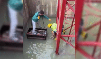 İnşaat alanında su dolu çukura düşen tilkiyi işçiler kurtardı…